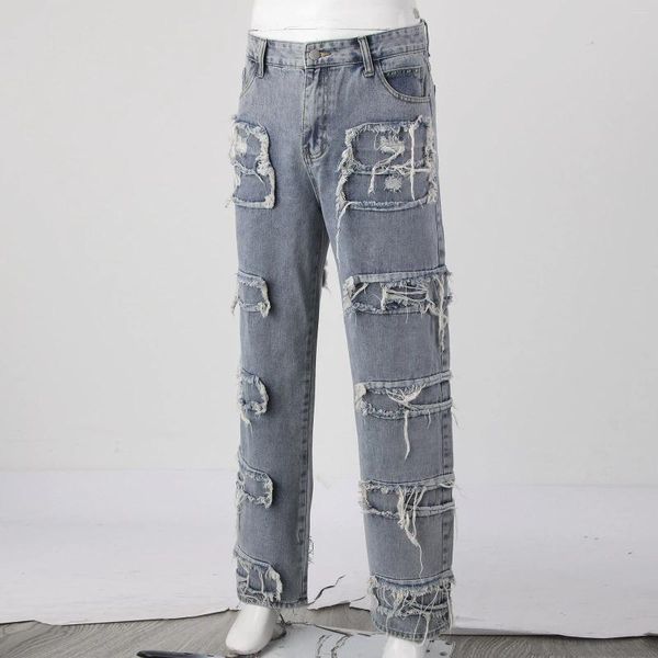 Calças de brim masculinas homem outono calças compridas homens fino ajuste tubo reto retro hip hop denim calças retalhos trassel rua