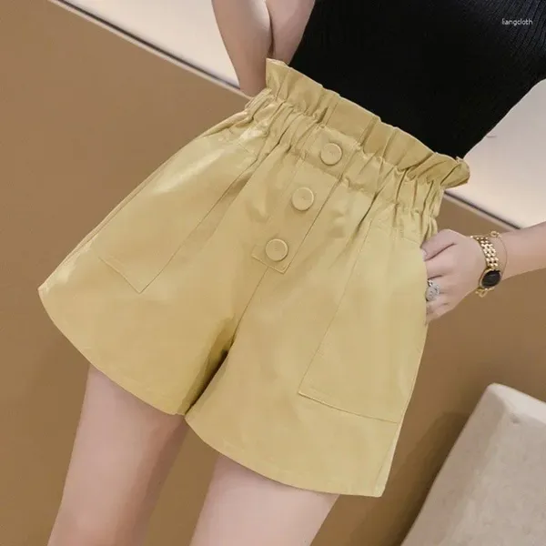 Женские шорты с высокой талией. Женские свободные эластичные желтые широкие брюки с поясом. Роскошные повседневные брюки в корейском стиле.