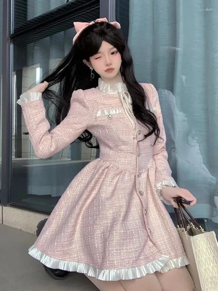 Casual Kleider Rosa Süße Rüschen Kragen Langarm Frauen Herbst A-linie Mini Kleid Koreanische Nette Einreiher Y2k Elegante Plissee party