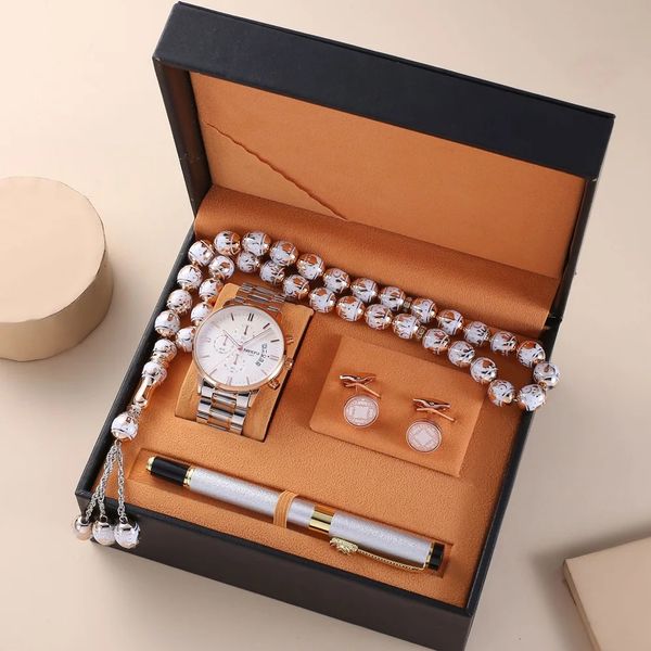 Andere Uhren Herrenuhr Geschenkset mit hochwertiger Box Luxus Quarz Armbanduhr Rosenkranz Armband Manschettenknöpfe Stift Herren für Herren 231208