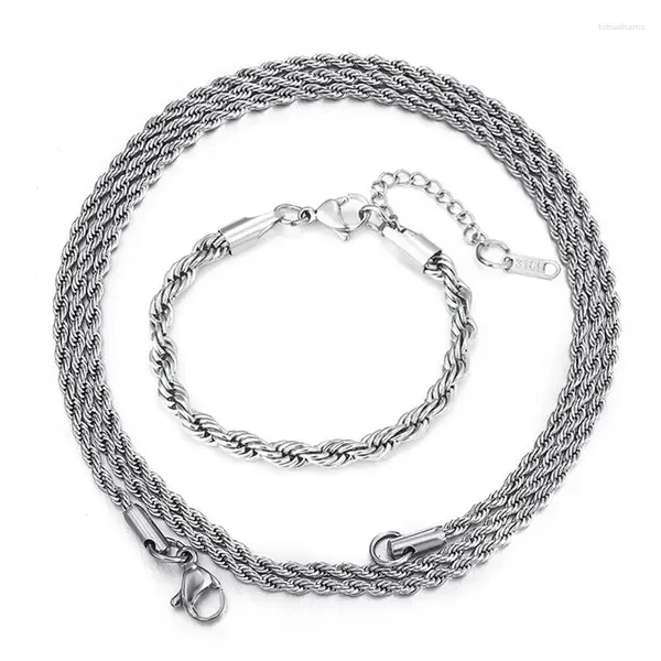 Correntes 2 pcs prata cor punk colar pulseira conjunto para homens e mulheres simples hip hop torcido torção corda cadeia com lagosta de cobre