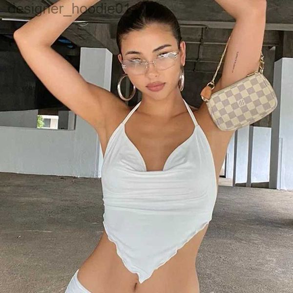 Tanques femininos Camis Exotic Tank Tops Mulheres Branco Sleless Sexy Halter Rhombus Camisole Crop Top para Sexo Verão Backless Sheer Slim Curto Tanques Top L231208