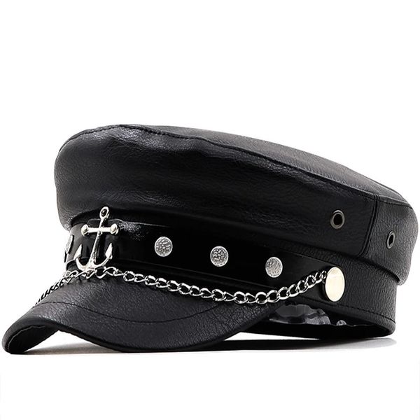 Berets Casual Military Caps Frau Pu Baskenmütze Flache Hüte Kapitän Cap Trucker Vintage Schwarz Sport Dad Knochen Männliche Frauen Hip Hop Hut 231208