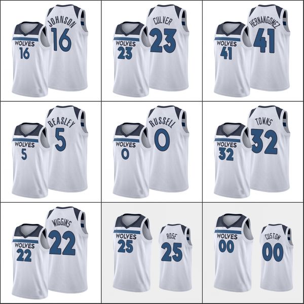 Minnesota''Timberwolves''Men D'Angelo Russell Karl-Anthony Towns Derrick Rose Juancho Hernangomez Camisa personalizada branca