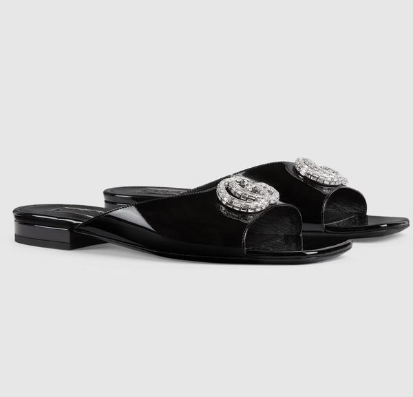 Marchio di lusso Sandali doppia G con cristalli Scarpe da donna Hardware scintillante Pelle verniciata Nude Nero Verde Slide Flats Infradito Lady Walking Big Size 43