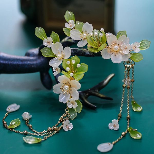 Headwear Acessórios de cabelo Grampos de cabelo chineses Meninas Hanfu Acessórios de cabelo Flor verde Hairpin Tassel Pearl Headpiece Antigo Partido Barrette Cabeça Jóias 231208