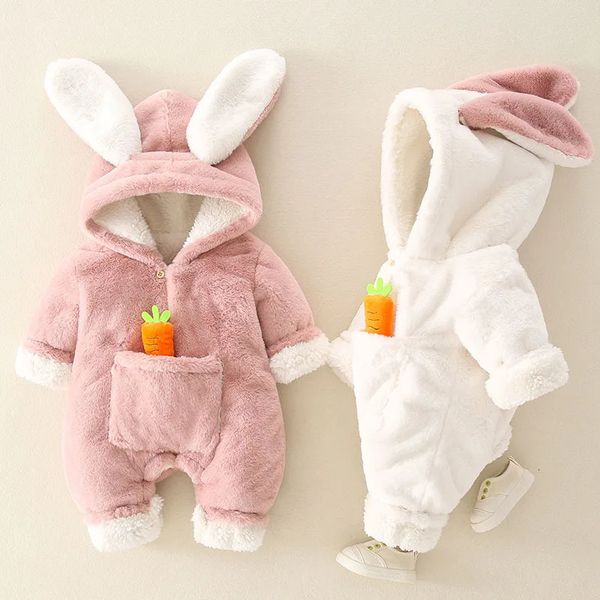 Strampler Baby Strampler Winter Warme Korallen Fleece geboren Baby Mädchen Kleidung Cartoon Kaninchen Mäntel Infant Overall Tier Overalls Pyjamas 231207