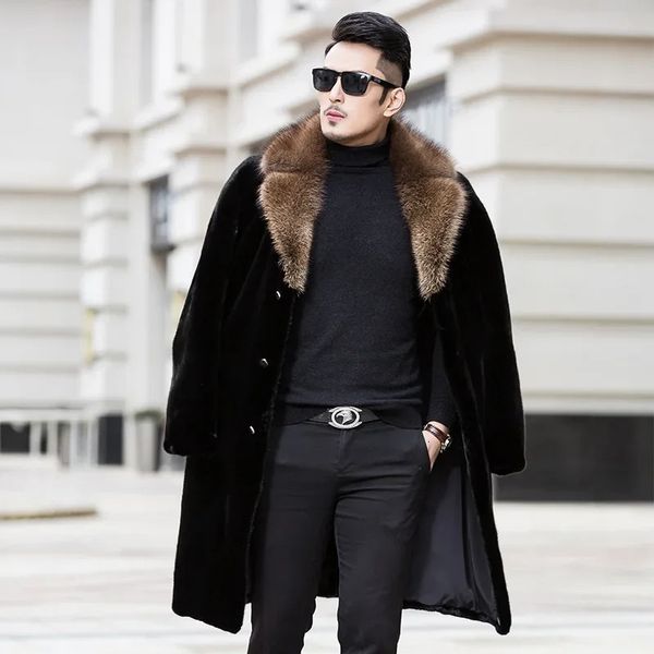 Jaquetas masculinas 2023 inverno homens inteiros casaco de pele de vison comprimento grande tamanho imitação trincheira colarinho coreano moda luxo homens jaqueta 231207