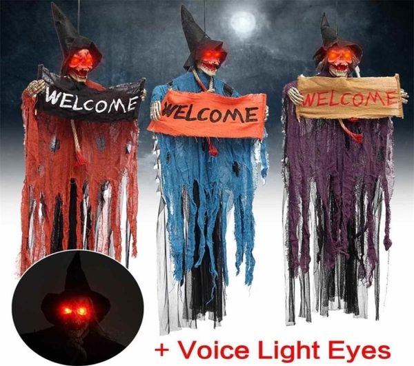 Halloween Prop Voce elettrica Appeso Teschio Scheletro Fantasma Segno di benvenuto Halloween Fuga Puntelli horror Decorazione della casa stregata Y209796330