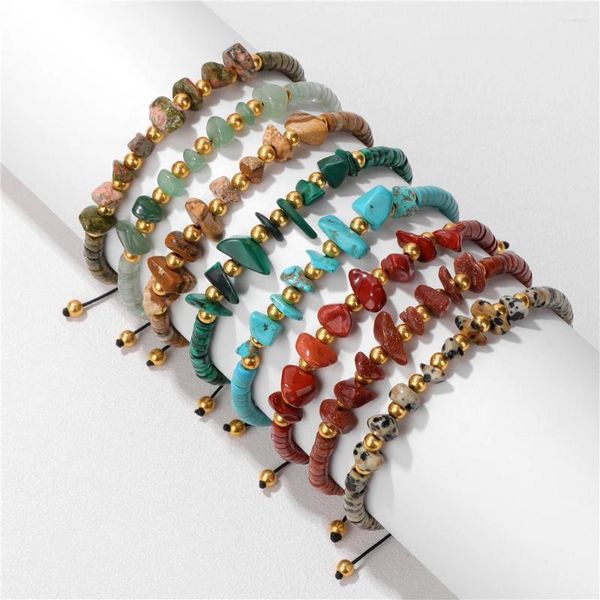 Charme Pulseiras Natural Chip Stone Trançado Pulseira Irregular Cascalho Flat Bead Ajustável Tecido para Mulheres Homens