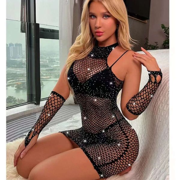 Lingerie sexy con strass per il corpo porno per donne belle Costume trasparente Donna Crotchless Biancheria intima a rete erotica Body con gonna avvolgente