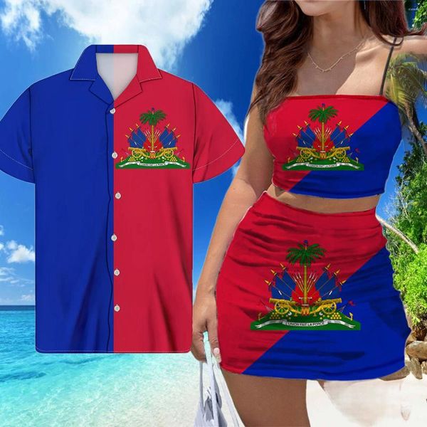 Arbeitskleider Haiti-Flagge bedruckt Frauen figurbetontes kurzes Kleid Anzug rot und blau Paar Kleidung Sexy rückenfreie Tops Set passendes Herrenhemd für Party