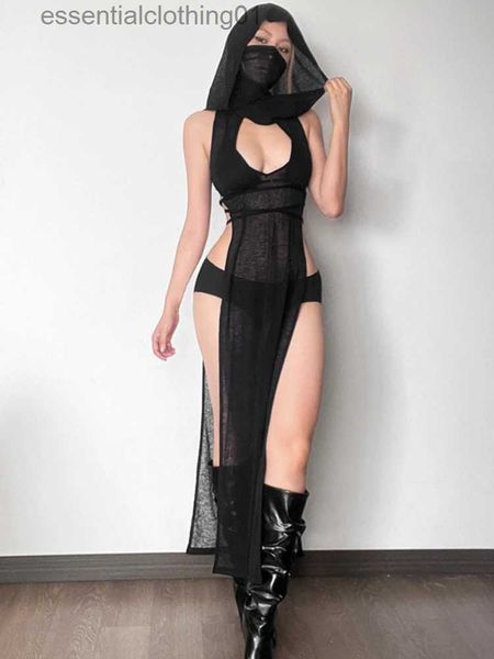 Kentsel Seksi Elbiseler Gotik Yaz High Street Seyahat Serin Güvenli Siyah Gizemli Seksi Açık Avangard Seksi Sıcak Serin Kadın Kapşonlu Elbise L231208