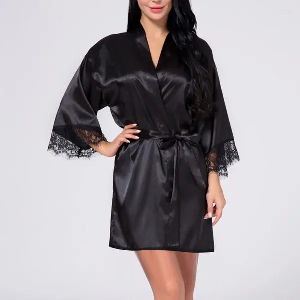 Damen-Nachtwäsche, sexy Eisseiden-Dessous, Satin-Roben mit Gürtel, Kimono, solide Langarm-Spitze-Nachthemd, bequeme Nachtwäsche