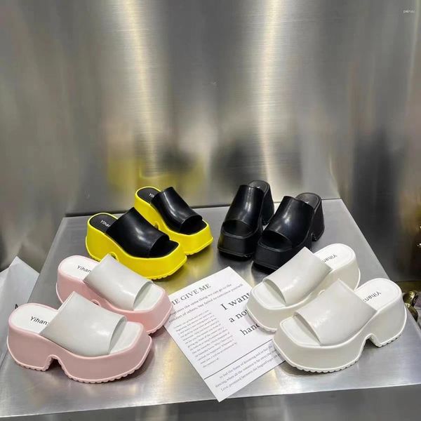 Hausschuhe Dicke Sohle Schwamm Kuchen Quadratische Zehe Für Frauen 2023 Sommer Britischen Stil High Heels Fisch Schnabel Sandalen