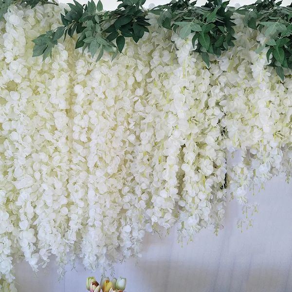 Flores decorativas grinaldas 20 pcs atacado branco glicínias rattan com folhas pendurado na parede flores falsas guirlanda floral pano de fundo videiras decoração de festa de casamento 231207