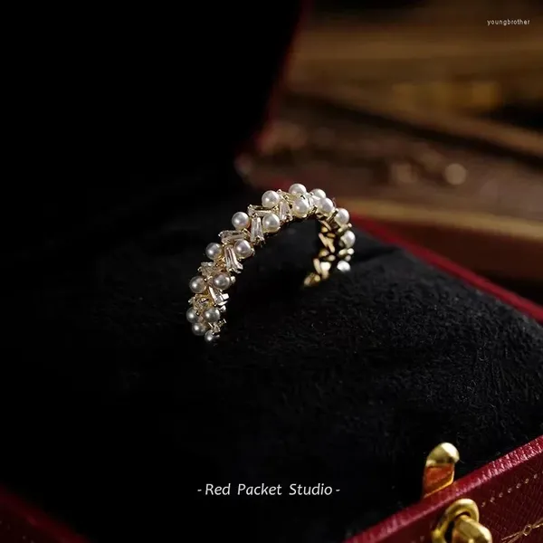 Cluster Ringe Luxus Zirkon Gold Farbe Für Frau Trendy Zweireihig Simulierte Perle Offenen Ring Party Hochzeit Schmuck Geschenk Großhandel