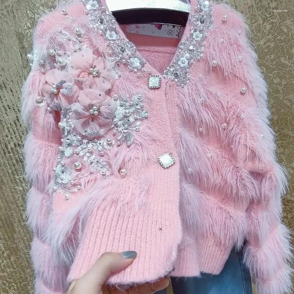 Malhas femininas pérolas de fada frisadas rosa grandes flores 3d lantejoulas suéter de pelúcia casaco diamantes decote em v floral malha cardigan peludo malhas tops