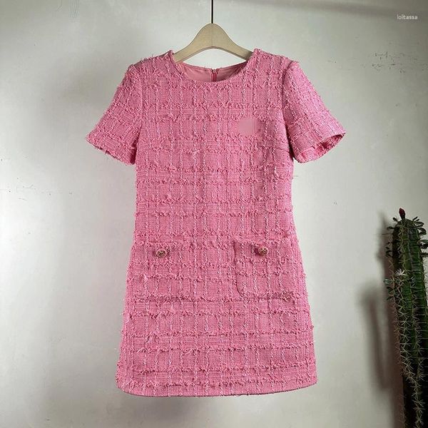 Casual Kleider Frauen Hohe Qualität Tweed Rosa Kleid Kleine Duft Rundhals Temperament Luxuriöse Grundlegende Gewebt Kurzarm Mini Dame