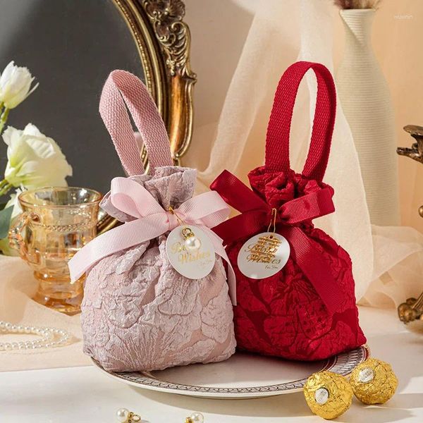 Envoltório de presente 2 pcs chinês jacquard tecido saco de cordão para casamento favor aniversário doces bolsas jóias lembrança bolso saquinho