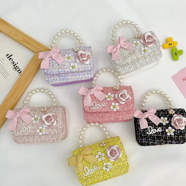 Bolsas Pearl Kid's Crossbody Bag Dinheiro Moeda Bolsa Moda Bolsa Crianças Princesa Ombro Messenger Bag Bow-Nó Pocket Pack 231208