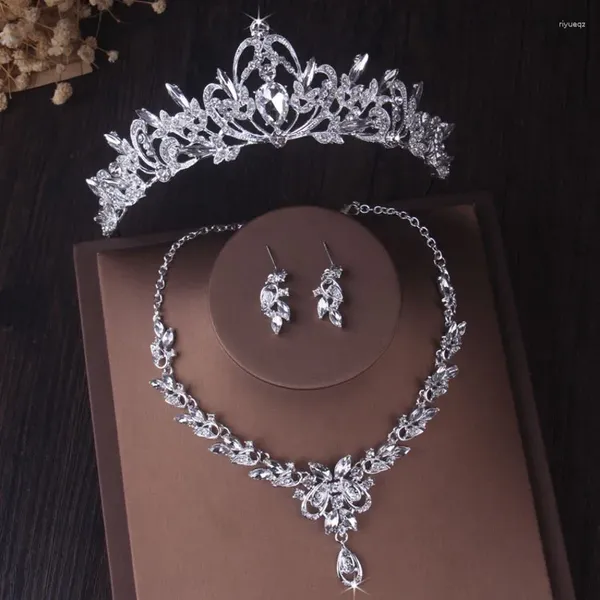 Комплект ожерелья и серег, роскошный серебряный цвет, кристаллическое сердце, свадебное украшение для невесты, корона, тиара, женские африканские украшения