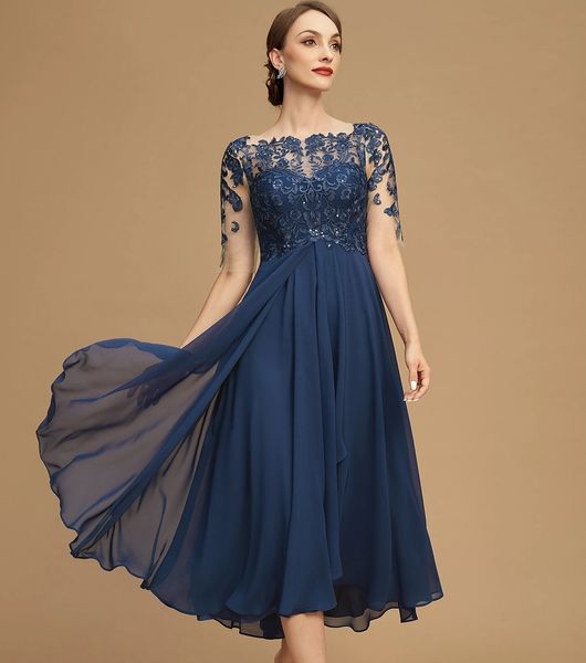 2024 Neues Marineblaues Kleid für die Brautmutter, A-Linie, U-Boot-Ausschnitt, Illusion, Teelang, Chiffon, Spitze, Hochzeitsgast-Party-Kleider für Frauen in Übergröße