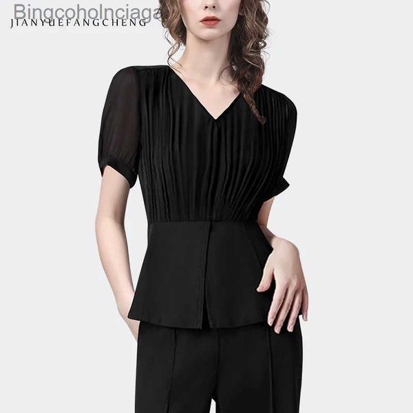 T-shirt da donna Moda pieghe decorate Camicetta di chiffon nera a maniche corte Donna Top estivo Elegante scollo a V sottile Vita chic Camicie casualL231208