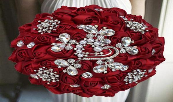 Flores decorativas grinaldas 1pclot vinho vermelho fita buquê de casamento nupcial com diamante para decoração3780332