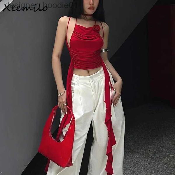 Canottiere da donna Camis Xeemilo Vintage rosso con spalle scoperte Canotta Y2K Chic 3d volant di fiori Backless Crop Top Estate 2023 Sexy pieghettato Halter Canotta L231208