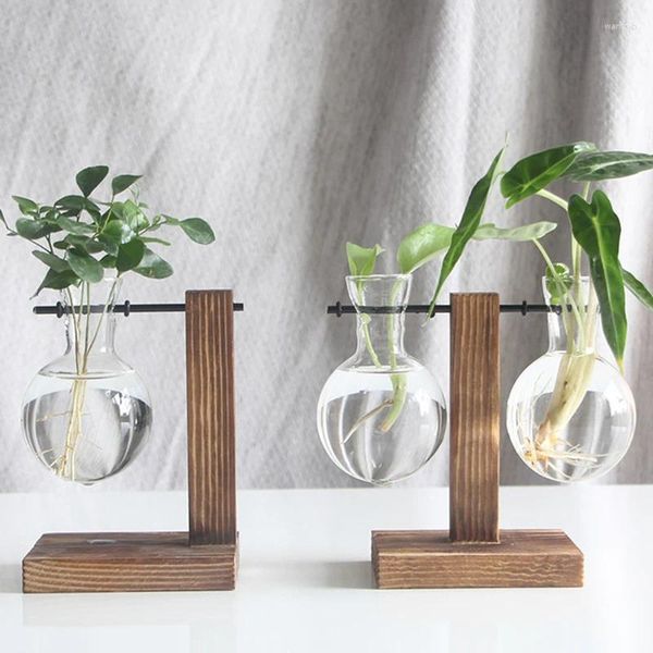 Vasos terrário hidropônico planta vintage vaso de flores vaso transparente moldura de madeira mesa de vidro casa bonsai decorar