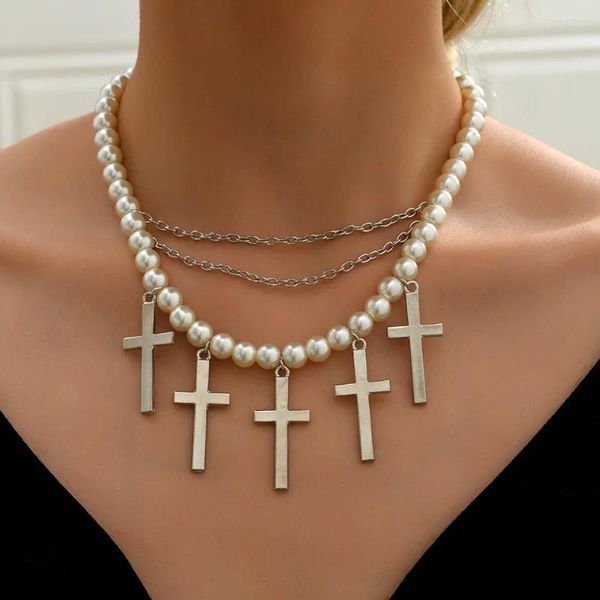 Correntes Kmvexo 2023 tendência elegante jóias casamento pérola colar para mulheres cruz pingente moda branco imitação gargantilha