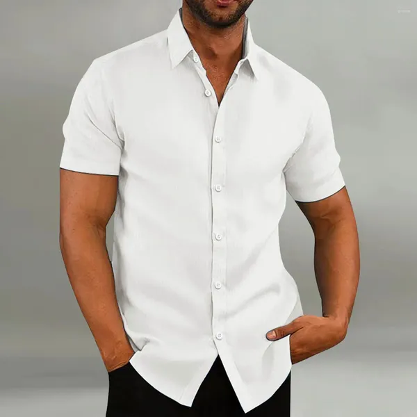 Männer Casual Shirts 2023 Grenzüberschreitende Sommer Baumwolle Und Leinen Kurzarm Freizeit Strickjacke Außenhandel Hemd Einfarbig