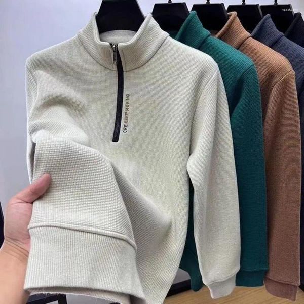 Felpe con cappuccio da uomo Felpa con polsini a coste per uomo Autunno Inverno Cerniera Colletto alla coreana Pullover caldo spesso Maglione lavorato a maglia Mezza zip