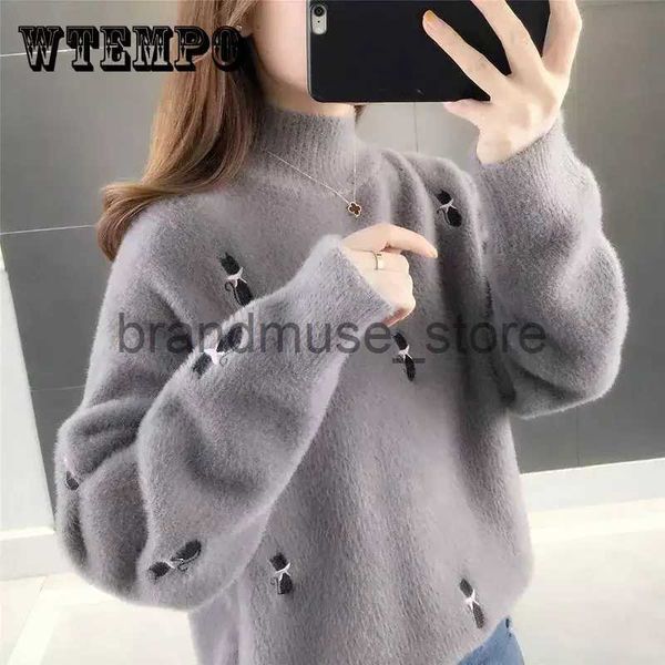 Kadın Dikekleri Tees wtempo Kadınların Yüksek Yarım Boyun Uzun Kollu Örgü Sweater Sevimli Kedi Dekorasyonu Gevşek Yumuşak Rahat Bayanlar Örgü Külot Jumper J231208