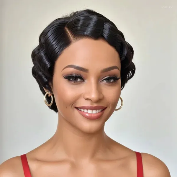 Luvkiss Trendy Limited Design Curto Pixie Cut Finger Wave 13x4 Human Lace Front Wig 150% Density Hair Wigs