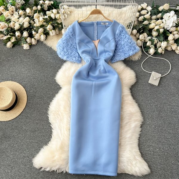 Alta costura francesa manga bolha cintura cinching banquete vestido de festa luz luxo e nicho high-end elegante temperamento vestido