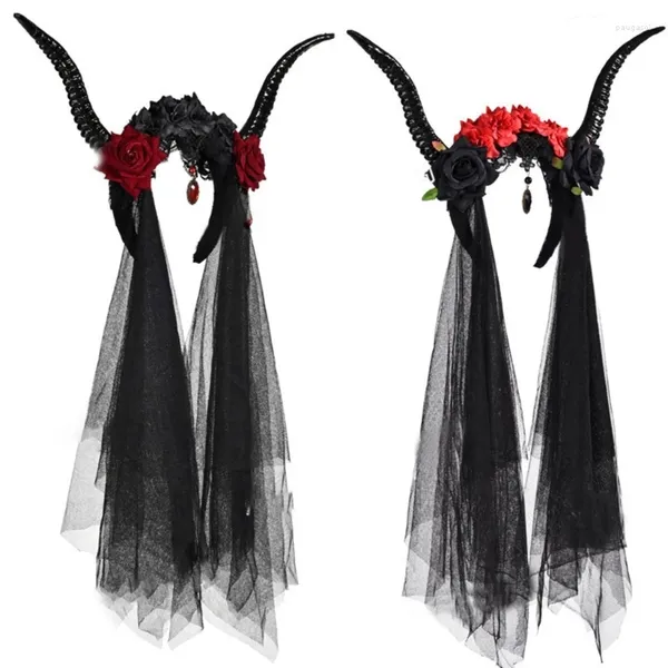 Fermagli per capelli Antilope gotica Corno di pecora Fascia per capelli Fiore Cerchio in tulle Halloween Diavolo Cosplay Accessori Copricapo