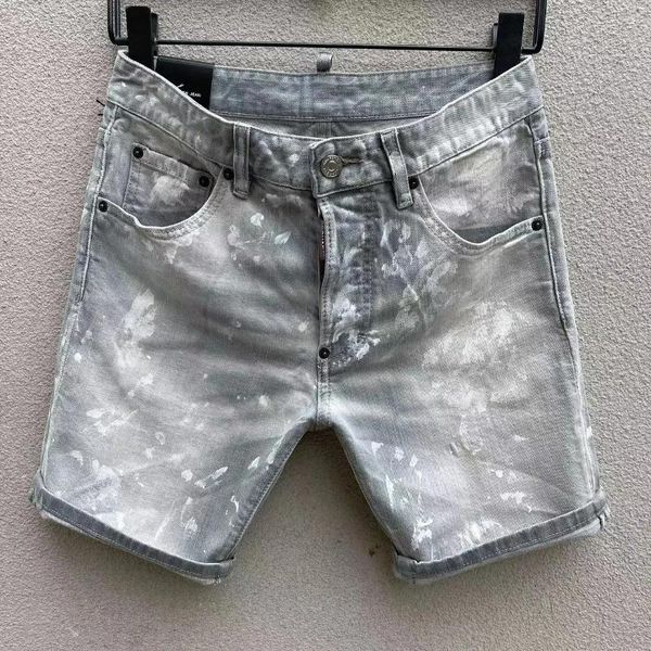 Jeans masculinos 2023 homens prata cinza respingo tinta shorts moda curto rasgado D251 #