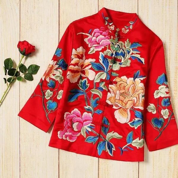 Damen-T-Shirts, Pfingstrosen-Blumen-Stickerei, Vintage-Tang-Anzugjacke, Damen-Langarm-Einreiher, lockerer Stehkragen, chinesischer Stil