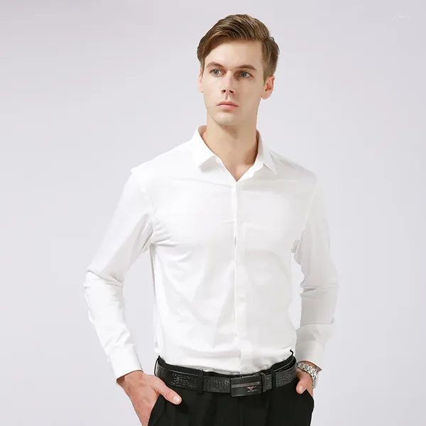 Camisas casuais masculinas camisa de manga longa noivo casamento fibra de bambu negócio para homens macio e fácil de manusear sólido branco magro