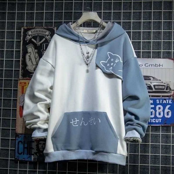 Suéter dos homens Estilo Japonês Primavera Outono Homens Hoodie Com Capuz Bonito Gato Impressão Patchwork Adolescente Hoodies Moda Anime Harajuku Masculino Moletom L231113