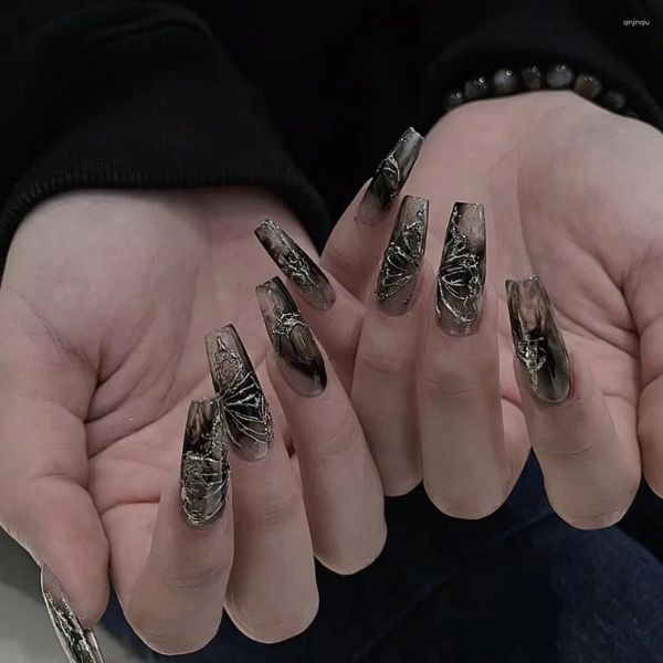 Накладные ногти 24 шт./ночная серебряная бабочка блестящие носимые полупрозрачные черные Т-образные искусственные готовые накладки с клеем