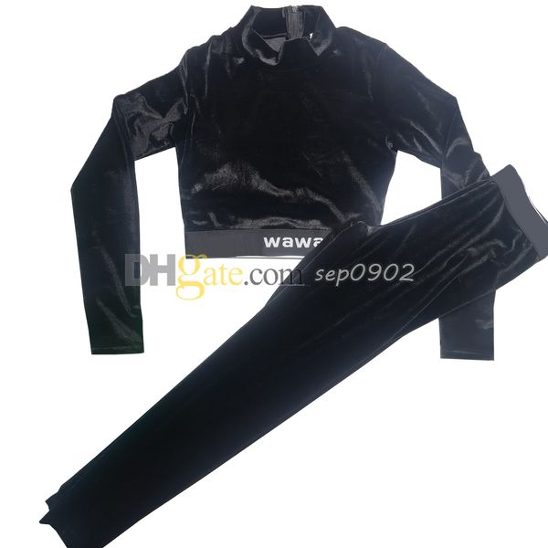 Tecido de veludo t camisa feminina esporte leggings letras webbing calças de yoga meio zíper esporte superior mulher treino