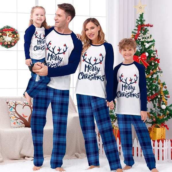 Passende Familien-Outfits, passender Weihnachts-Familienpyjama, Frohe Weihnachten, Elchgeweih, blaues Plaid-Pyjama-Set 231207