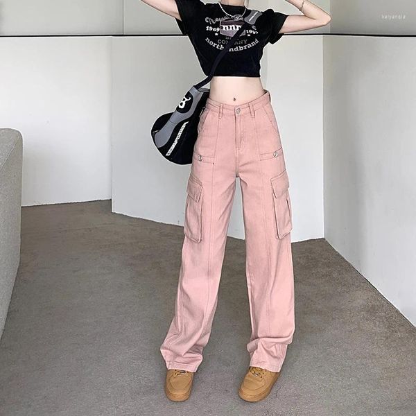 Damenhosen im europäischen und amerikanischen Stil Jeans Mode hohe Taille einfarbige Tasche Cargo lose lässig rosa breites Bein Mopp 2023