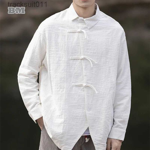 Мужские футболки Китайское традиционное платье Большие размеры Винтажная рубашка для мужчин Одежда Свободные топы в этническом стиле Длинное пальто с косой планкой L231208