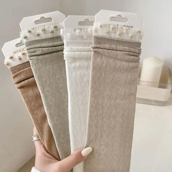 Frauen Socken Süße Vintage-Mode Für Mädchen Sommer Elastische Komfortable Einfarbig Hohl Mittelrohr Mesh Weibliche Strumpfwaren