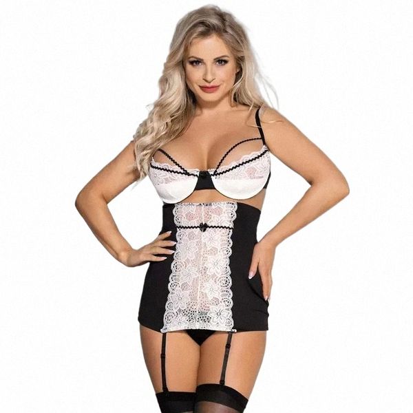 Indumenti da notte da donna Comeondear Porno Lingerie Intimo Camicia da notte Ouvert Plus Size Nero Bianco Maglia di pizzo Babydoll sexy per le donne Langerie Set G5HW #