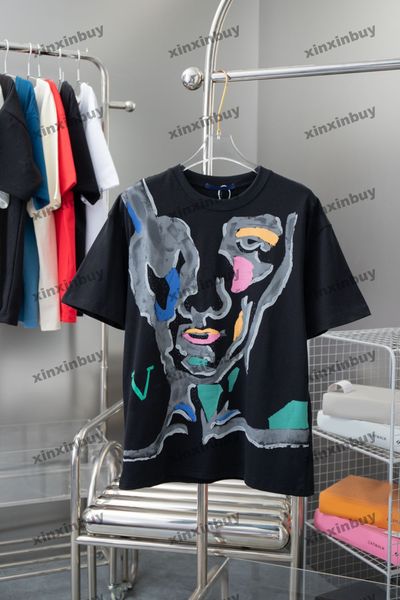 Xinxinbuy Homens Designer Tee Camiseta Graffiti Água Pintada Máscara Facial Impressão Manga Curta Algodão Mulheres Preto Branco Azul Cinza Vermelho XS-L